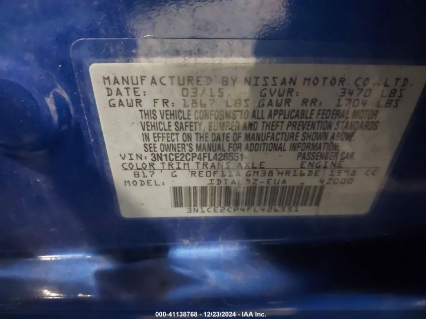 VIN 3N1CE2CP4FL426551 2015 Nissan Versa, Note S (sr... no.9