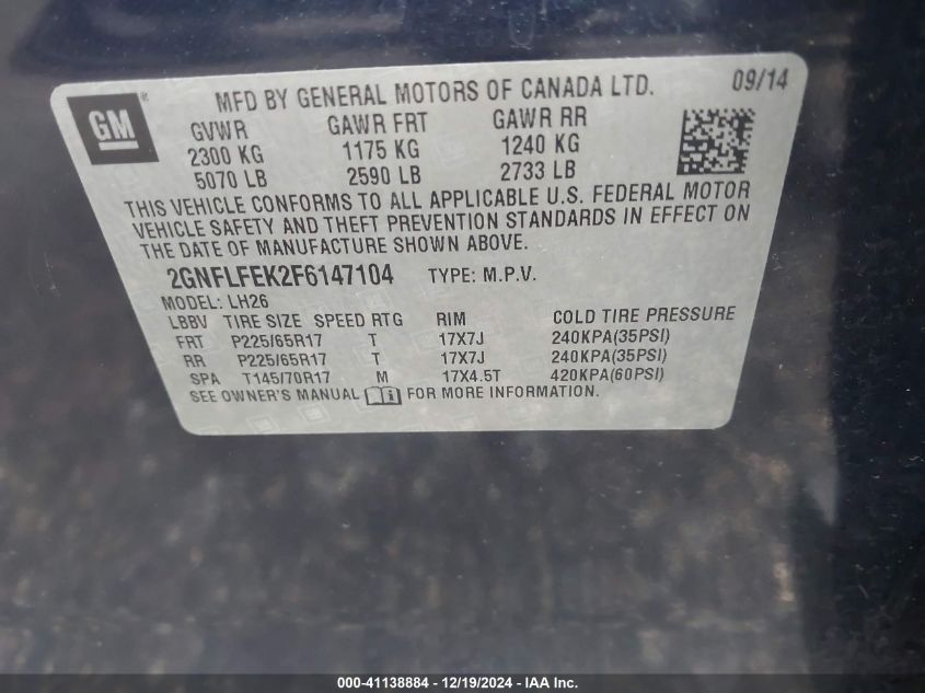 VIN 2GNFLFEK2F6147104 2015 Chevrolet Equinox, 1LT no.9