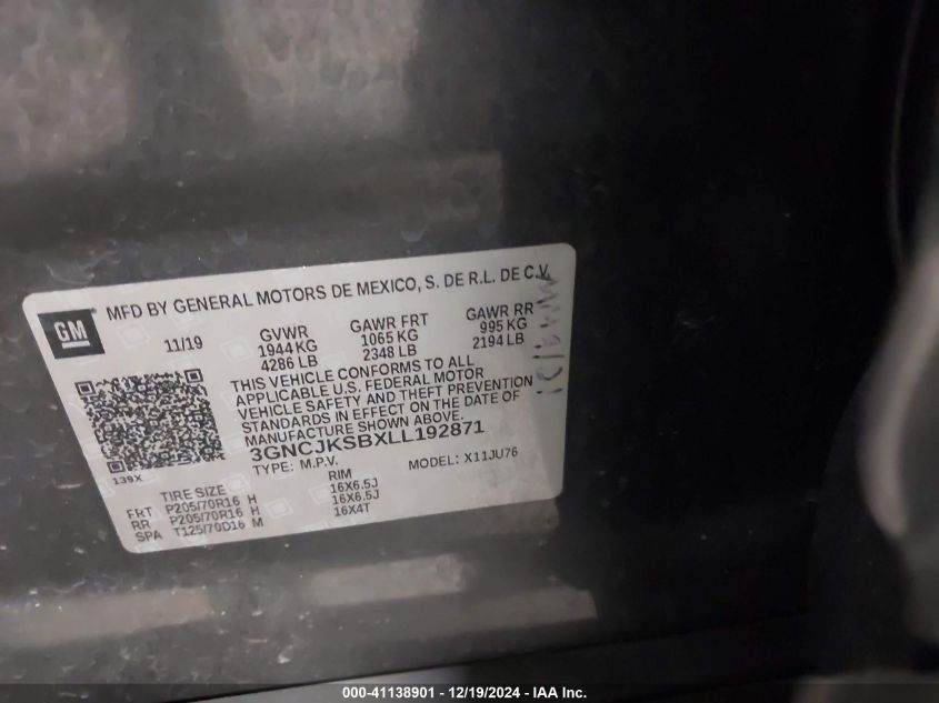 VIN 3GNCJKSBXLL192871 2020 CHEVROLET TRAX LS