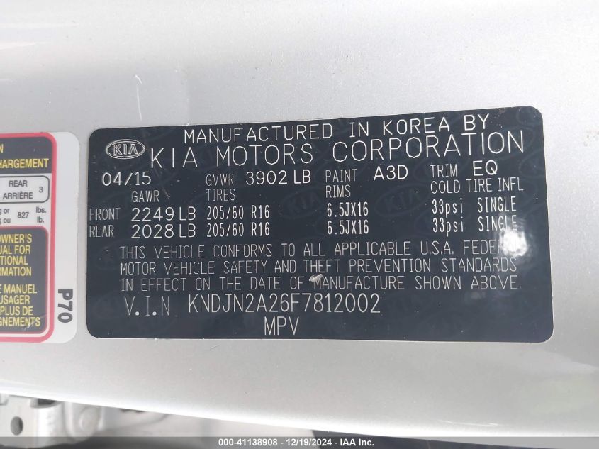 2015 Kia Soul VIN: KNDJN2A26F7812002 Lot: 41138908