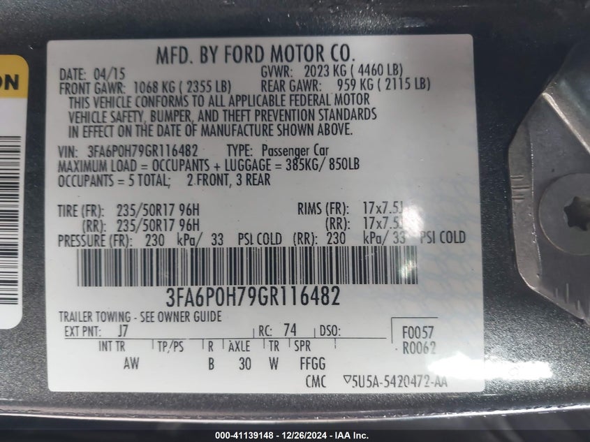 2016 FORD FUSION VIN: 3FA6P0H79GR116482