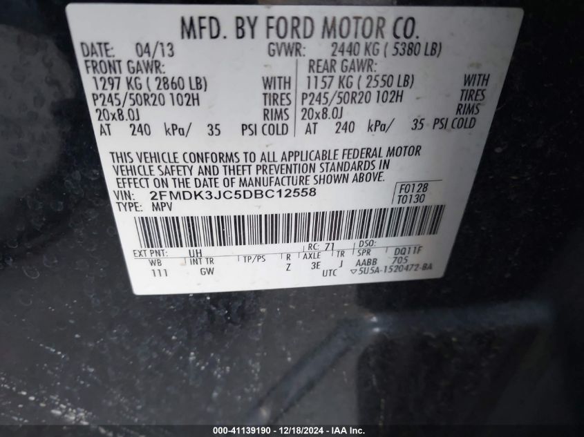 VIN 2FMDK3JC5DBC12558 2013 Ford Edge, Sel no.9