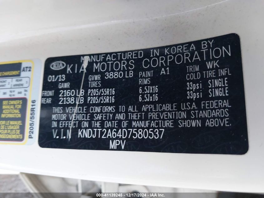 VIN KNDJT2A64D7580537 2013 KIA Soul, + no.9