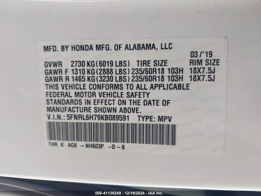 VIN 5FNRL6H79KB089591 2019 Honda Odyssey, Ex-L no.9