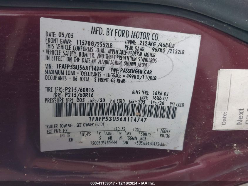 2006 FORD TAURUS VIN: 1FAFP53U56A114747