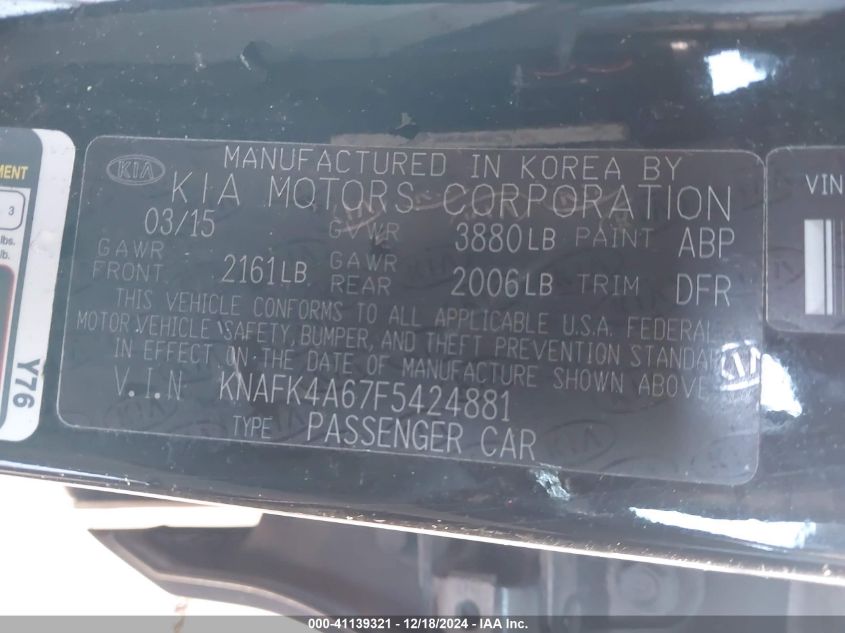 VIN KNAFK4A67F5424881 2015 KIA FORTE no.9