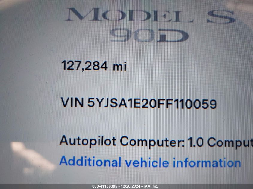 2015 Tesla Model S 70D/85D/P85D VIN: 5YJSA1E20FF110059 Lot: 41139385