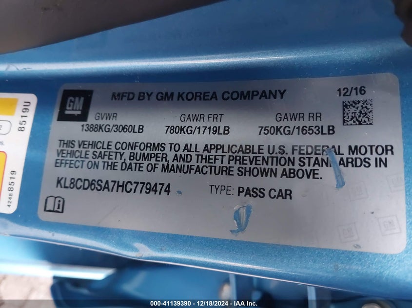 2017 CHEVROLET SPARK 1LT CVT - KL8CD6SA7HC779474