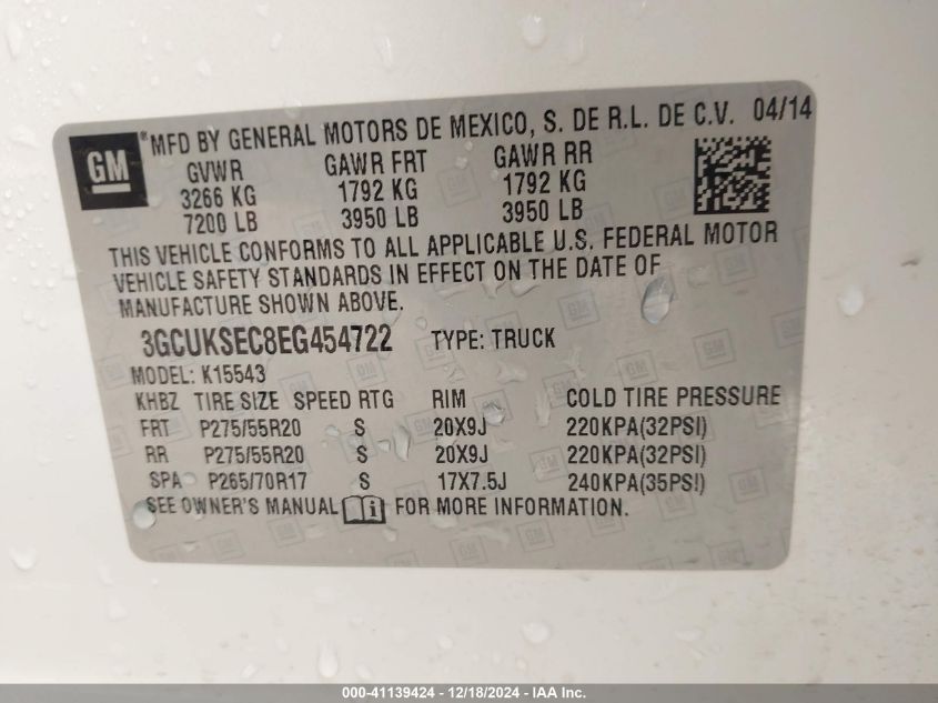 2014 Chevrolet Silverado 1500 1Lz VIN: 3GCUKSEC8EG454722 Lot: 41139424