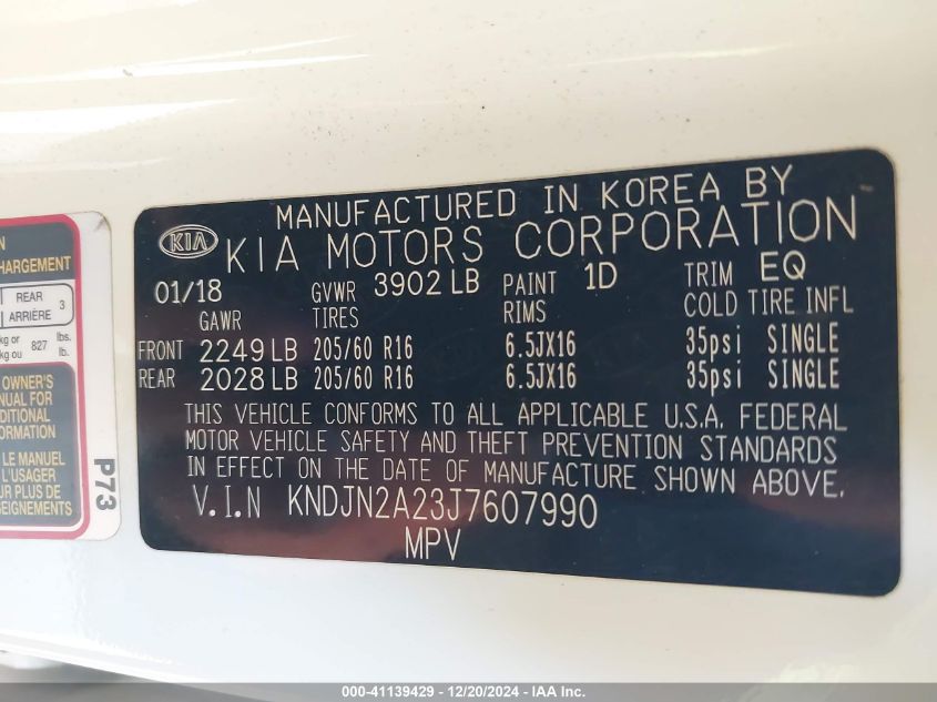 2018 Kia Soul VIN: KNDJN2A23J7607990 Lot: 41139429