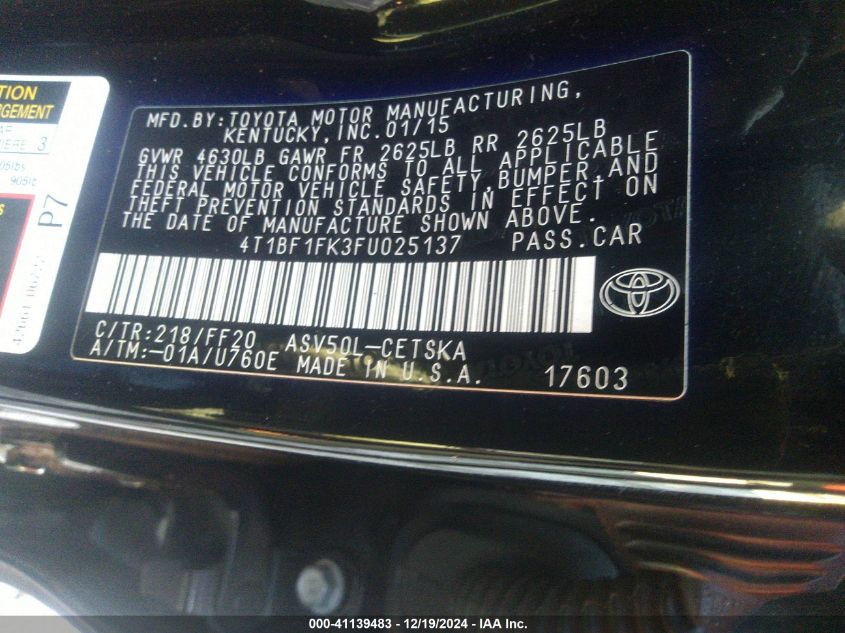 VIN 4T1BF1FK3FU025137 2015 Toyota Camry, SE no.9