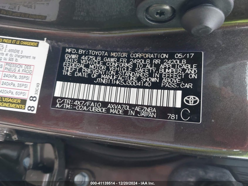 2018 TOYOTA CAMRY VIN: JTNB11HK5J3004140