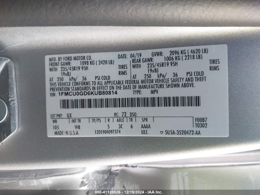 VIN 1FMCU0GD6KUB80814 2019 Ford Escape, SE no.9