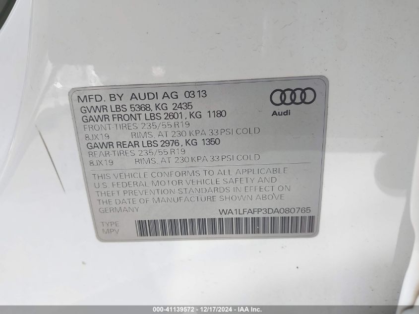 VIN WA1LFAFP3DA080765 2013 Audi Q5, 2.0T Premium no.9