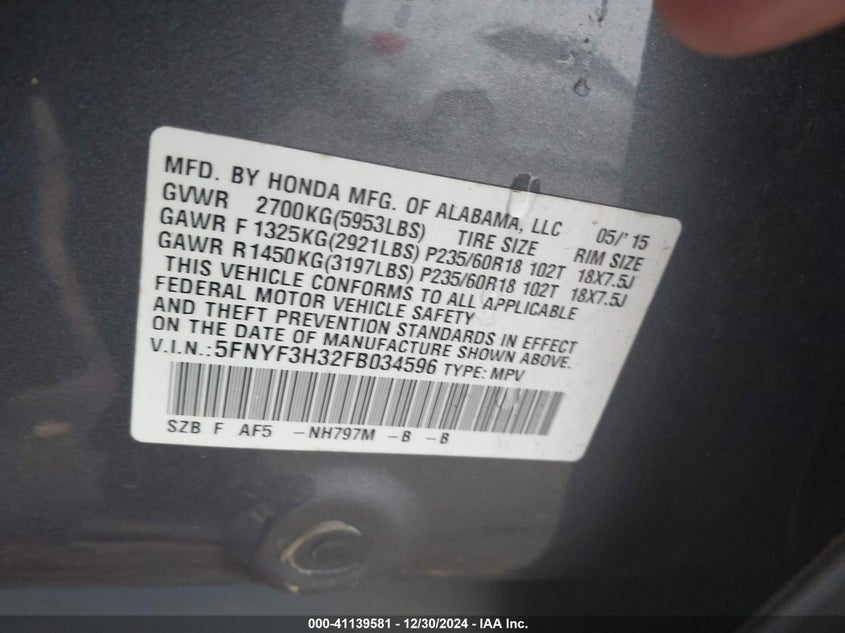 2015 HONDA PILOT SE - 5FNYF3H32FB034596