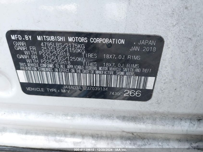 2018 Mitsubishi Outlander Se VIN: JA4AD3A32JZ039134 Lot: 41139615