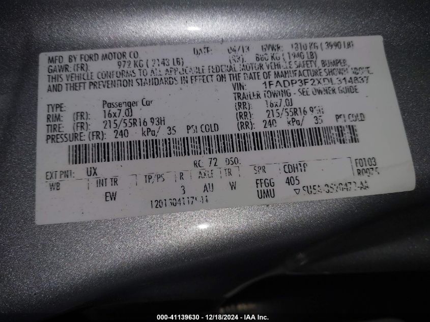 VIN 1FADP3F2XDL314837 2013 Ford Focus, SE no.9