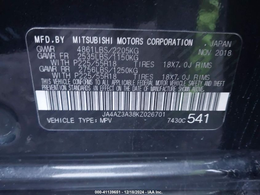 2019 Mitsubishi Outlander Sel VIN: JA4AZ3A38KZ026701 Lot: 41139651