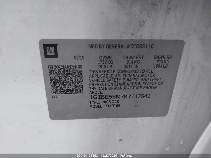 2019 CHEVROLET CRUZE VIN: 1G1BE5SM7K7147541