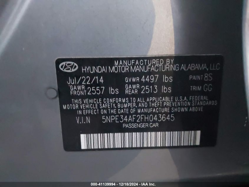 VIN 5NPE34AF2FH043645 2015 Hyundai Sonata, Limited no.9