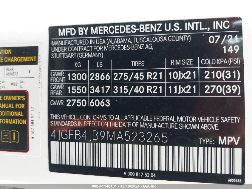 2021 Mercedes-Benz Gle 350 VIN: 4JGFB4JB9MA523265 Lot: 41140101