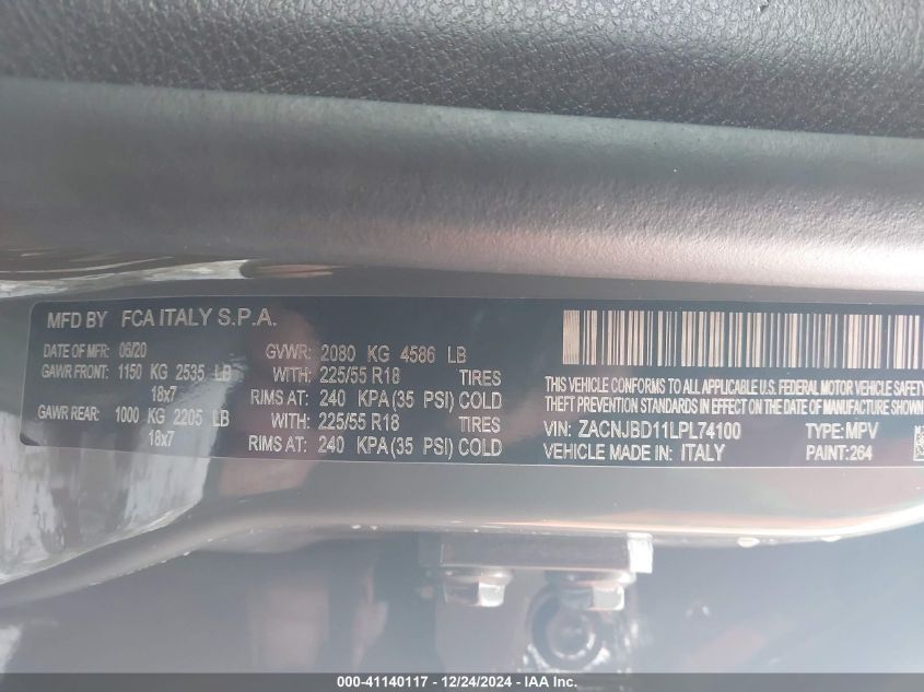 2020 Jeep Renegade Limited 4X4 VIN: ZACNJBD11LPL74100 Lot: 41140117