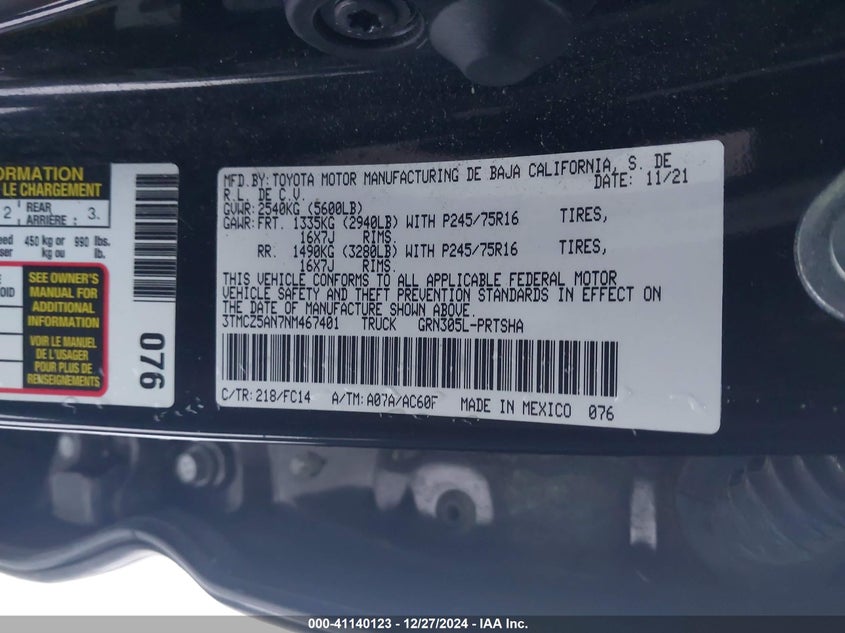 2022 TOYOTA TACOMA VIN: 3TMCZ5AN7NM467401