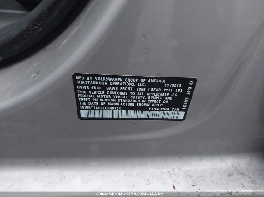 2014 VOLKSWAGEN PASSAT VIN: 1VWBT7A39EC049704