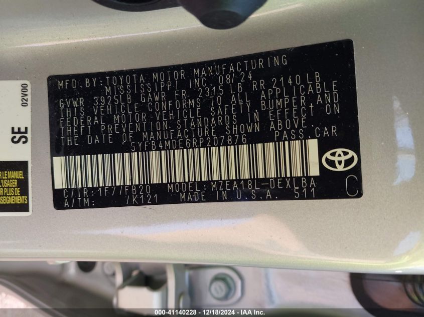 2024 Toyota Corolla VIN: 5YFV4MDE6RP207876 Lot: 41140228