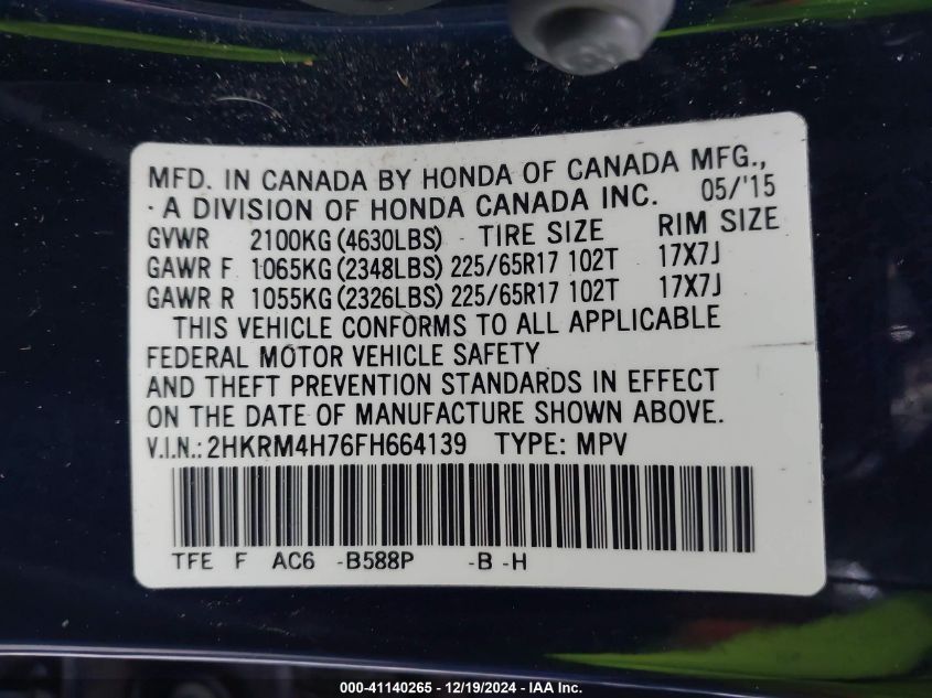 VIN 2HKRM4H76FH664139 2015 HONDA CR-V no.9