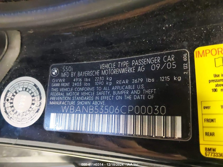 2006 BMW 550I VIN: WBANB53506CP00030