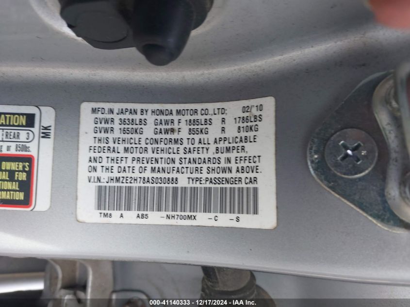 2010 Honda Insight Ex VIN: JHMZE2H78AS030888 Lot: 41140333