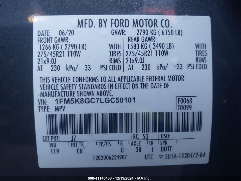 VIN 1FM5K8GC7LGC50101 2020 FORD EXPLORER no.9