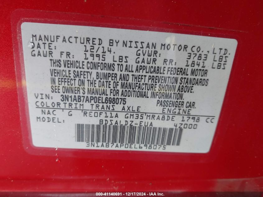 2014 Nissan Sentra Sv VIN: 3N1AB7AP0EL698075 Lot: 41140691