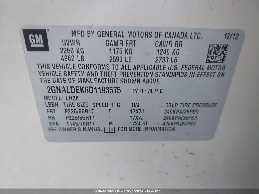 VIN 2GNALDEK6D1193575 2013 Chevrolet Equinox, 1LT no.9