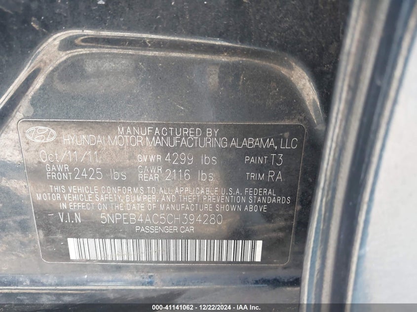 2012 HYUNDAI SONATA VIN: 5NPEB4AC5CH394280