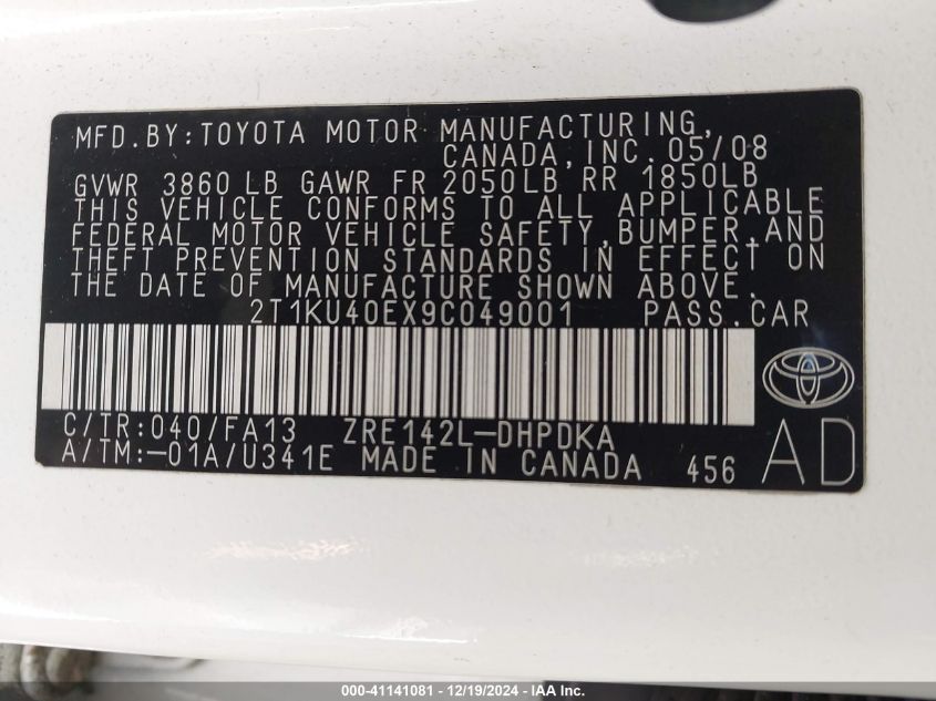 2009 TOYOTA COROLLA MATRIX VIN: 2T1KU40EX9C049001