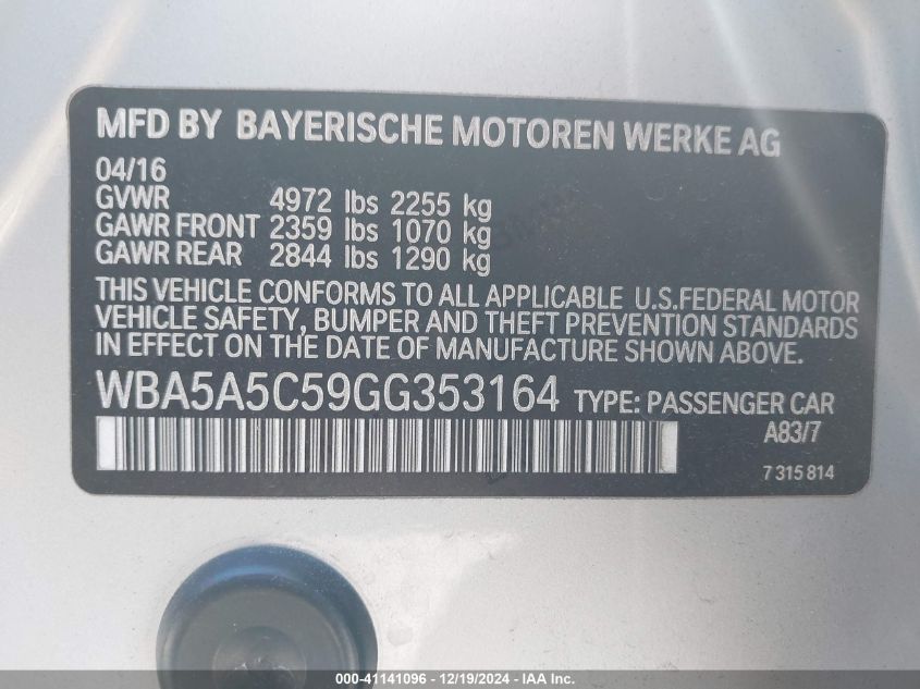 VIN WBA5A5C59GG353164 2016 BMW 5 Series, 528I no.9