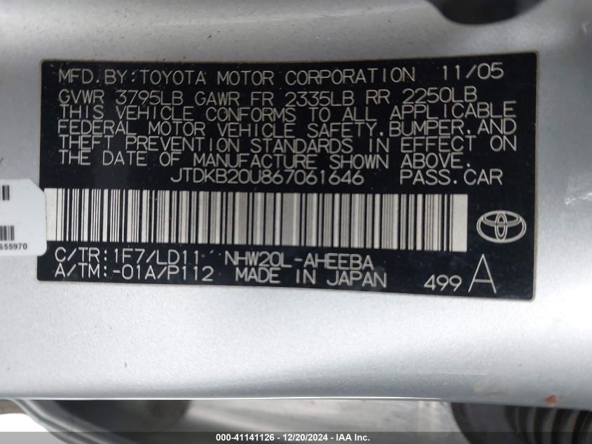 2006 Toyota Prius VIN: JTDKB20U867061646 Lot: 41141126