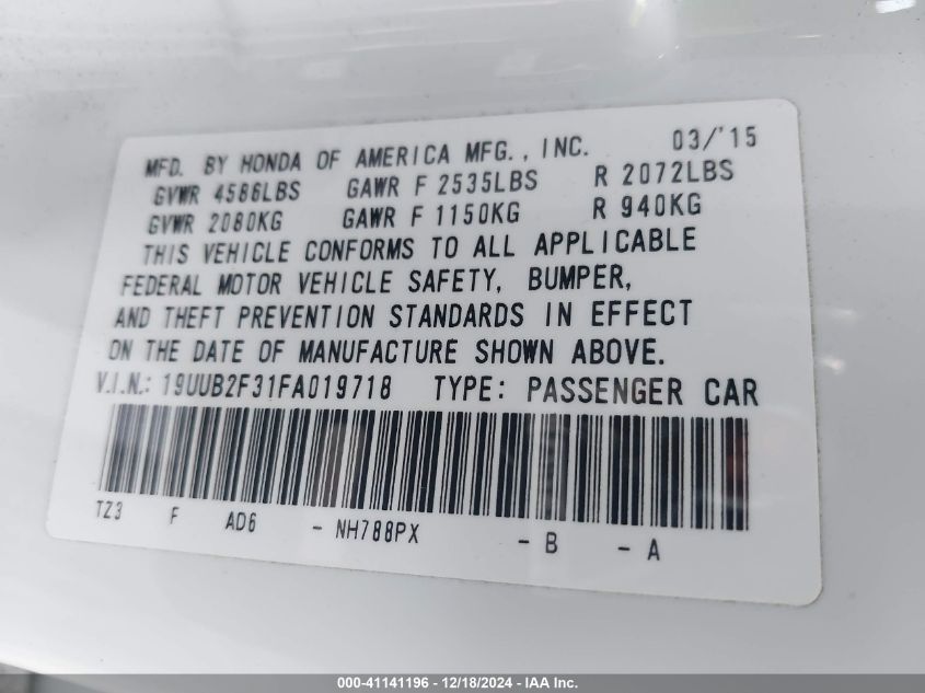 VIN 19UUB2F31FA019718 2015 Acura TLX, V6 no.9