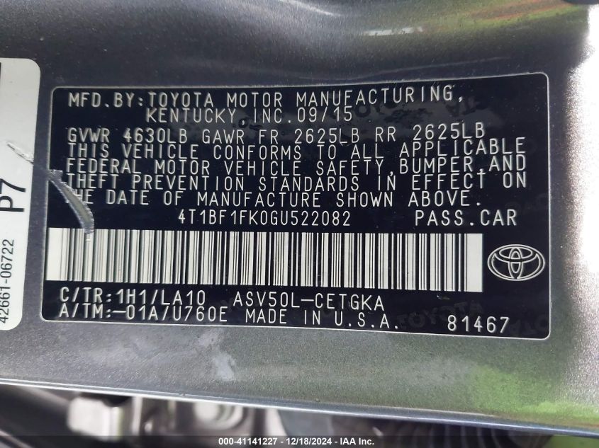 VIN 4T1BF1FK0GU522082 2016 Toyota Camry, Xle no.9