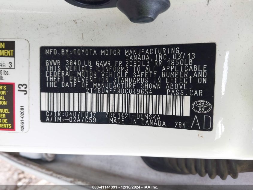 VIN 2T1BU4EE9DC049654 2013 Toyota Corolla, S no.9