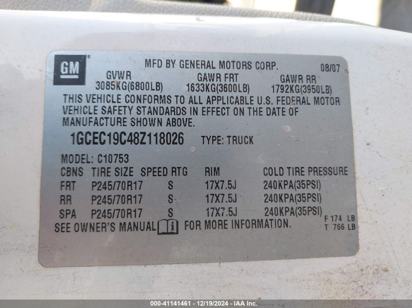 2008 Chevrolet Silverado 1500 Work Truck VIN: 1GCEC19C48Z118026 Lot: 41141461