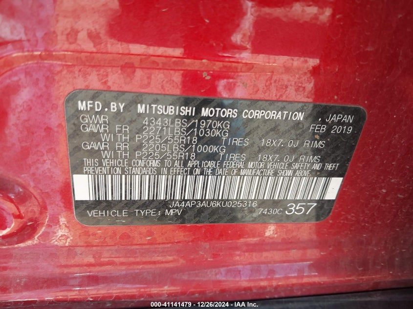 2019 MITSUBISHI OUTLANDER SPORT VIN: JA4AP3AU6KU025316