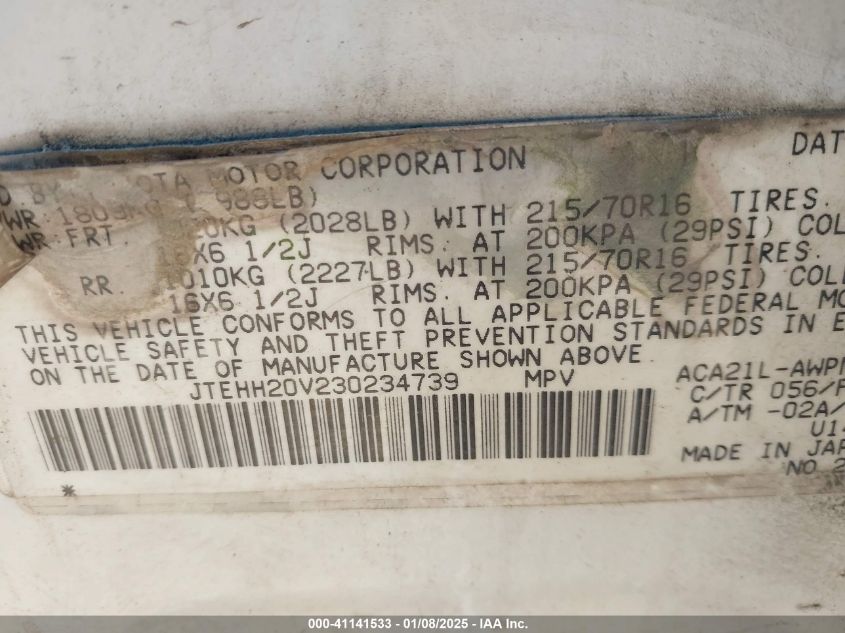 2003 Toyota Rav4 VIN: JTEHH20V230234739 Lot: 41141533