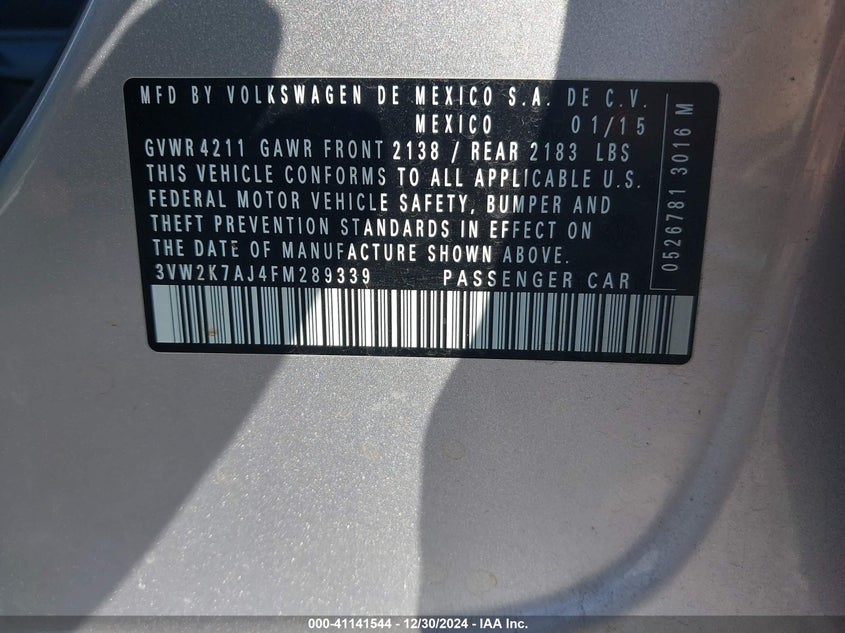 2015 VOLKSWAGEN JETTA VIN: 3VW2K7AJ4FM289339
