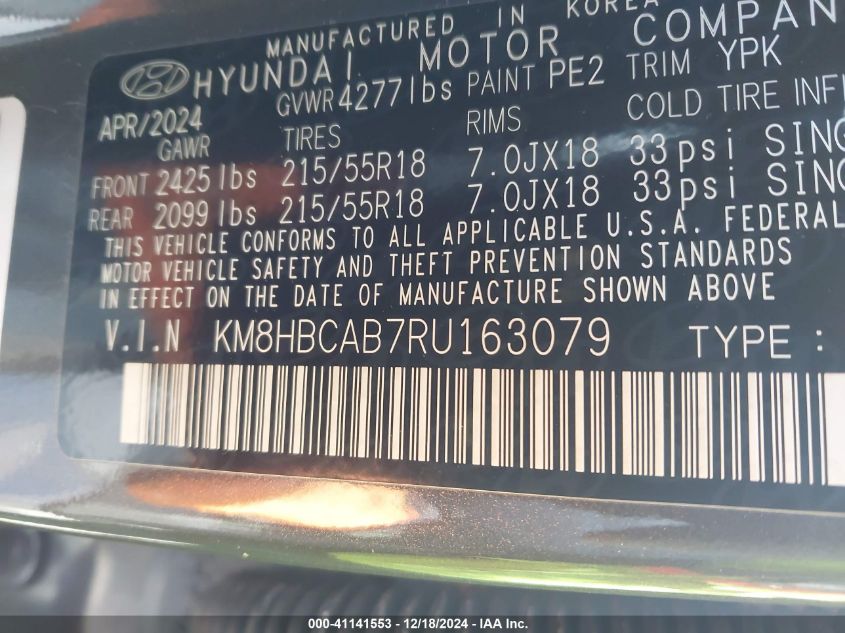 2024 Hyundai Kona Sel VIN: KM8HBCAB7RU163079 Lot: 41141553