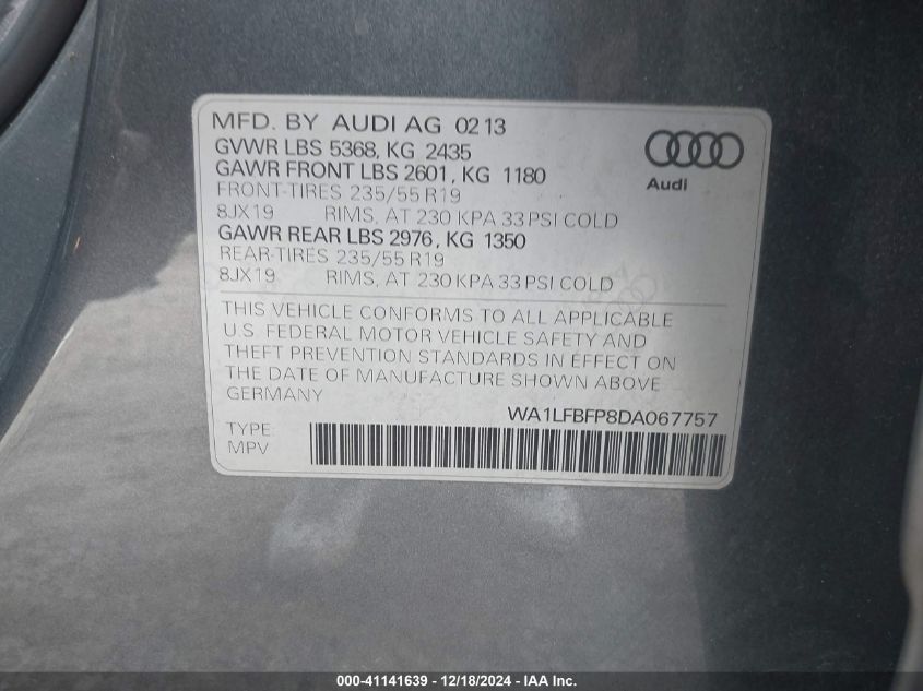 VIN WA1LFBFP8DA067757 2013 AUDI Q5 no.9