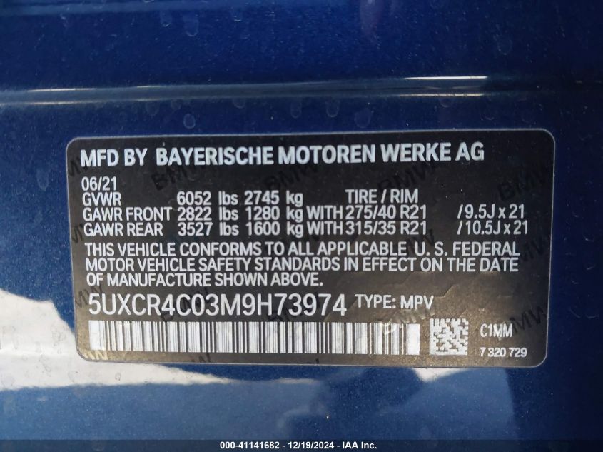 VIN 5UXCR4C03M9H73974 2021 BMW X5, Sdrive40I no.9