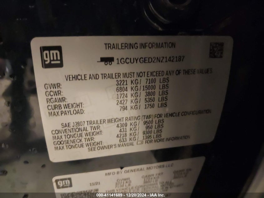 2022 CHEVROLET SILVERADO 1500 LTD VIN: 1GCUYGED2NZ142187